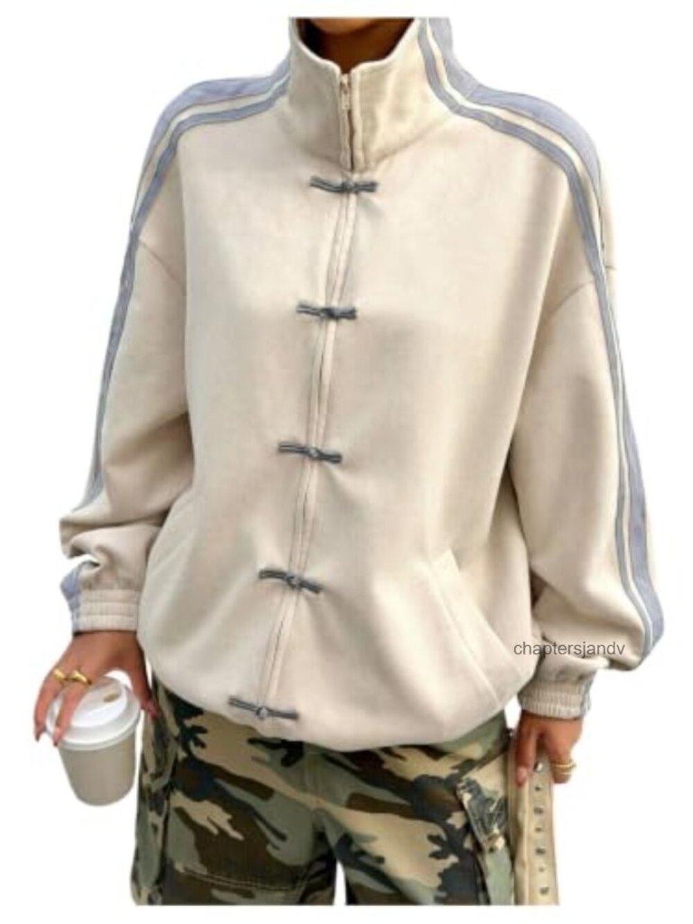 Faux Suede Zip Up Jacket Striped Chinese Frog Button Coat Oversized